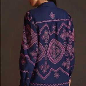 Anthropologie Floral Embroidered Relaxed Fit Cotton Button-Down Shirt Sz S Navy